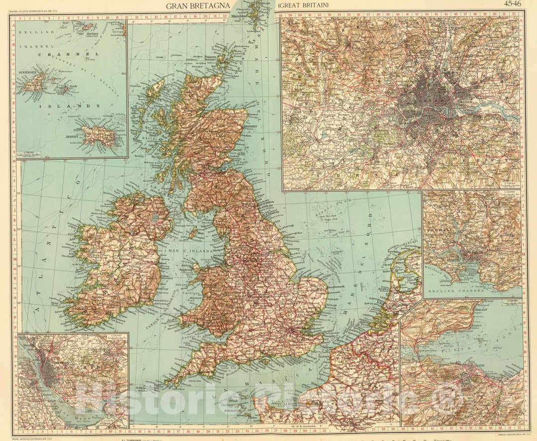 Historic Map : England; Ireland, British Isles 1929 45-46. Gran Bretagna. , Vintage Wall Art