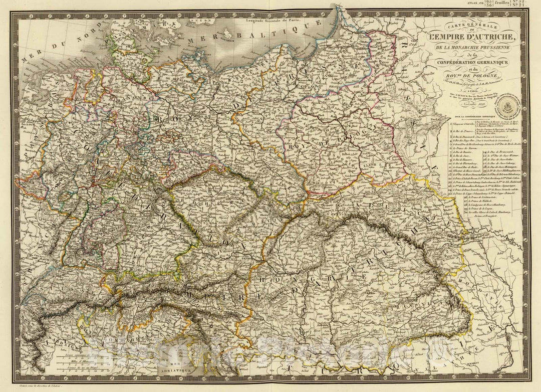 Historic Map : Austria; Germany, Europe, Central 1821 Empire d'Autriche, Monarchie Prussienne, Confederation Germanique, Pologne. , Vintage Wall Art