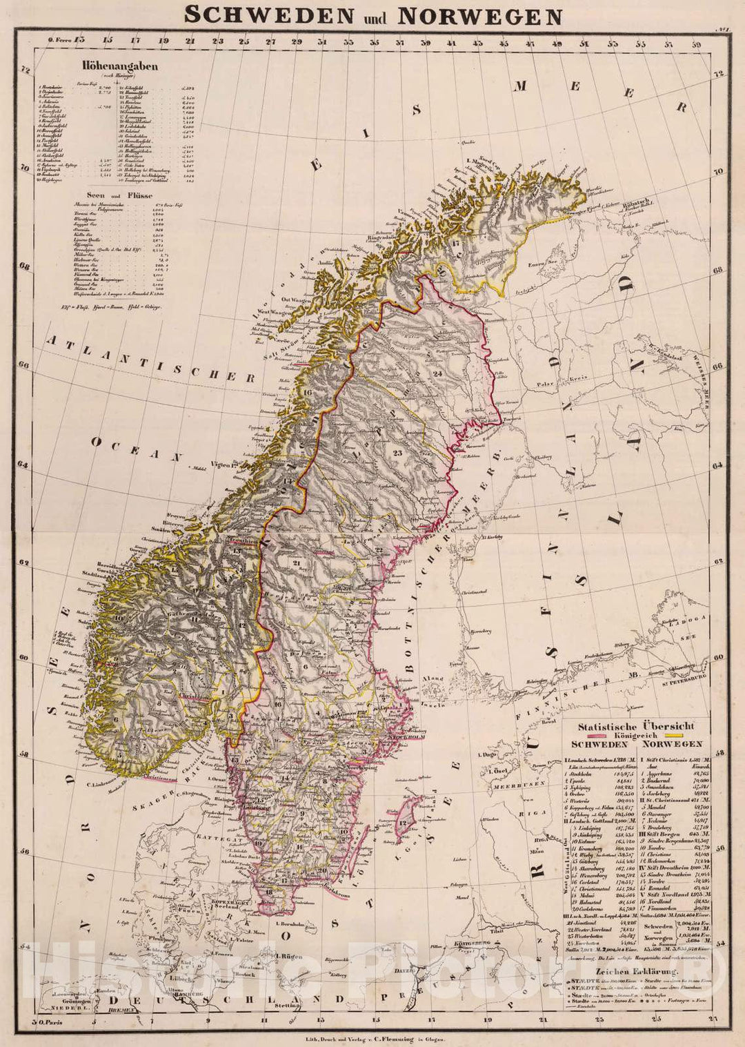 Historic Map : Norway; Sweden, 1855 Composite: Schweden, Norwegen. , Vintage Wall Art