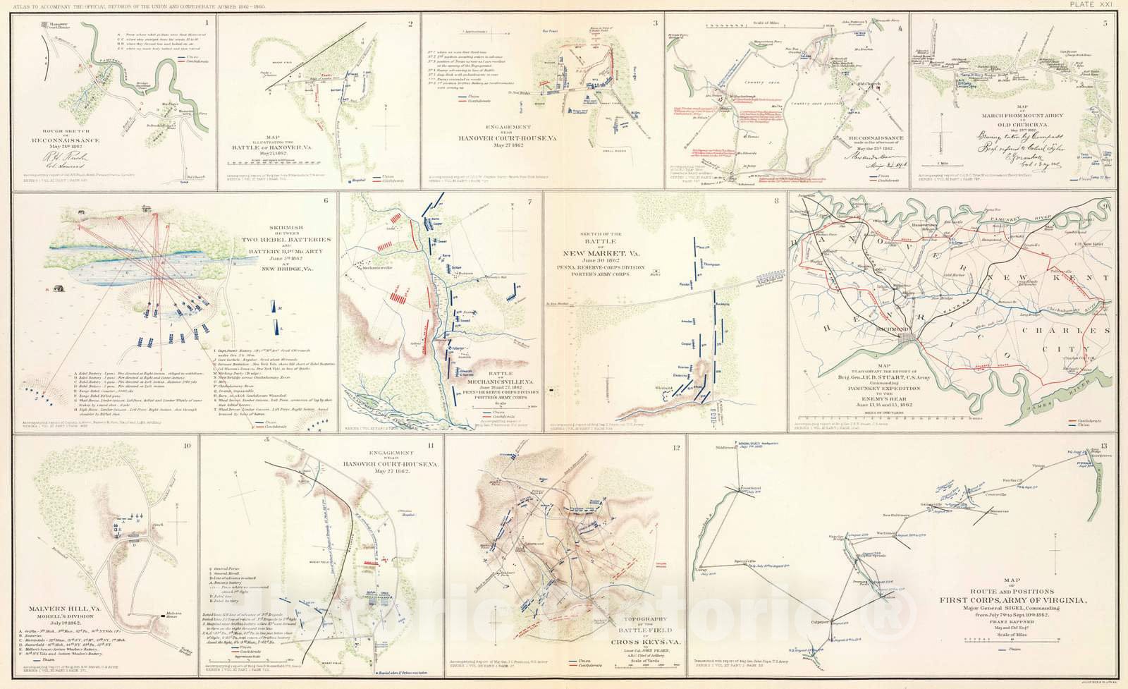 Historic Map : Military Atlas - 1895 Hanover, Hanover C.H, New Bridge, Mechanicsville, New Market, Malvern Hill, Cross Keys. - Vintage Wall Art