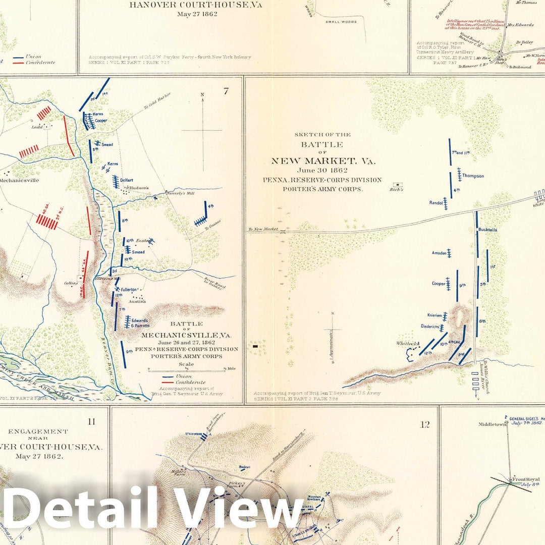 Historic Map : Military Atlas - 1895 Hanover, Hanover C.H, New Bridge, Mechanicsville, New Market, Malvern Hill, Cross Keys. - Vintage Wall Art