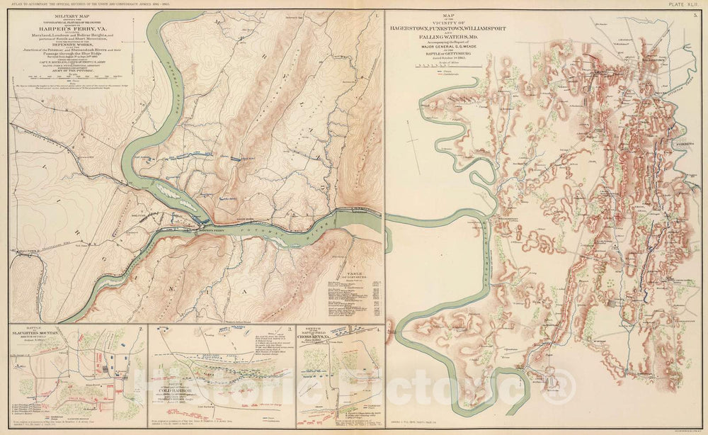 Historic Map - Military Atlas - 1895 Harper's Ferry, Hagerstown, Funkstown, Williamsport, Falling Waters. - Vintage Wall Art