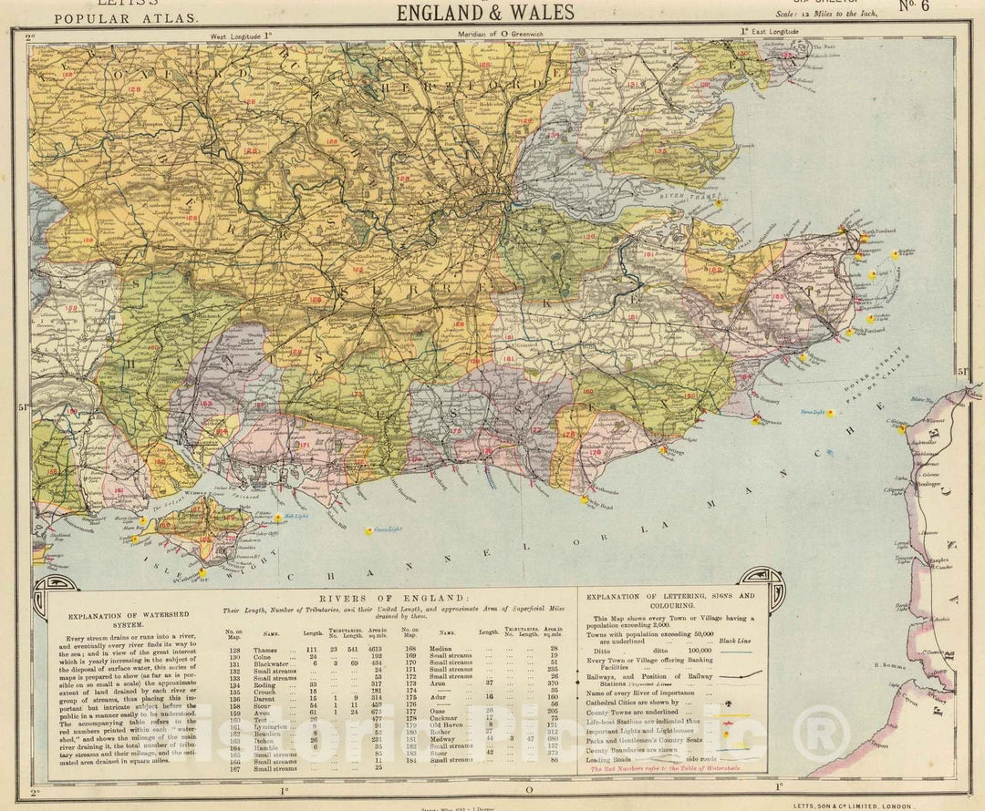 Historic Wall Map : 1883 Watershed map England, Wales 6. - Vintage Wall Art