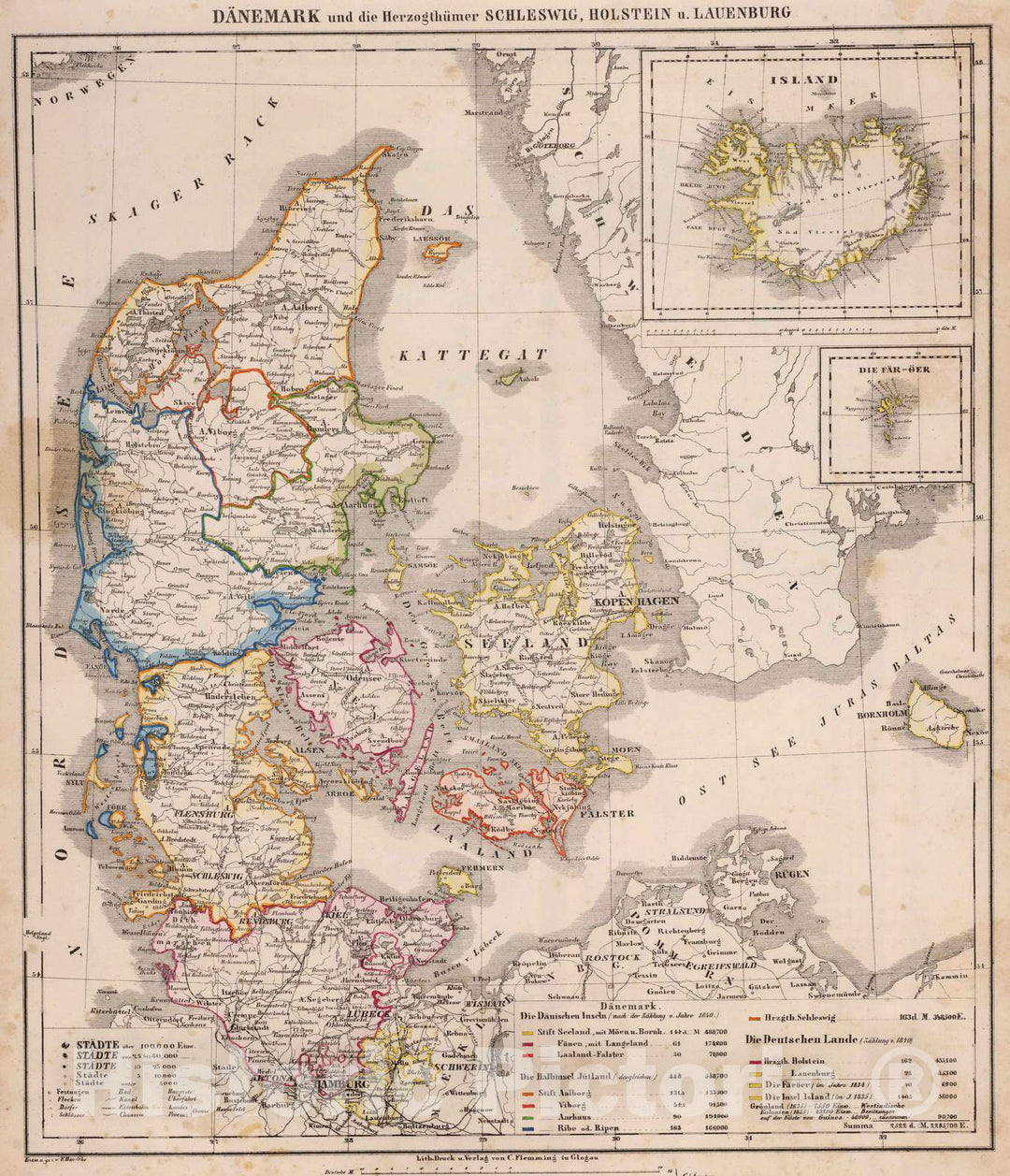 Historic Map : Denmark; Germany, Faroe Islands 1855 Danemark, Schleswig, Holstein, Lauenburg. , Vintage Wall Art