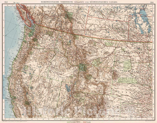 Historic Map : Canada; United States, , North America 1905 Nordwestliche Vereinigte Staaten und Sudwestliches Canada , Vintage Wall Art