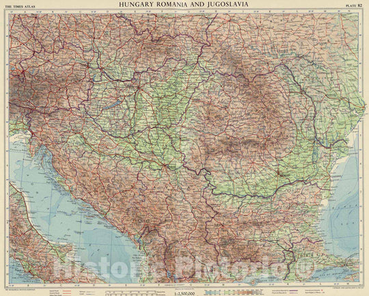 Historic Map - World Atlas - 1956 Hungary, Romania and Jugoslavia (Yugoslavia), Plate 82, V. IV - Vintage Wall Art