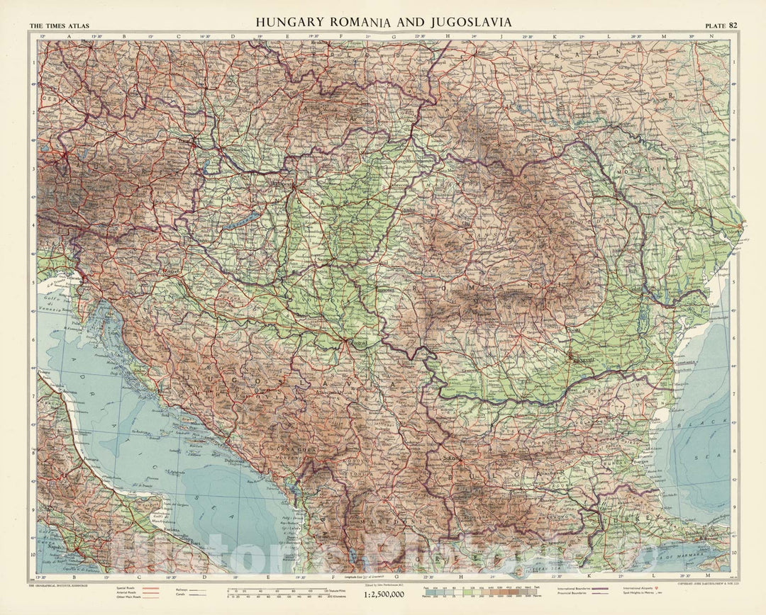 Historic Map - World Atlas - 1956 Hungary, Romania and Jugoslavia (Yugoslavia), Plate 82, V. IV - Vintage Wall Art