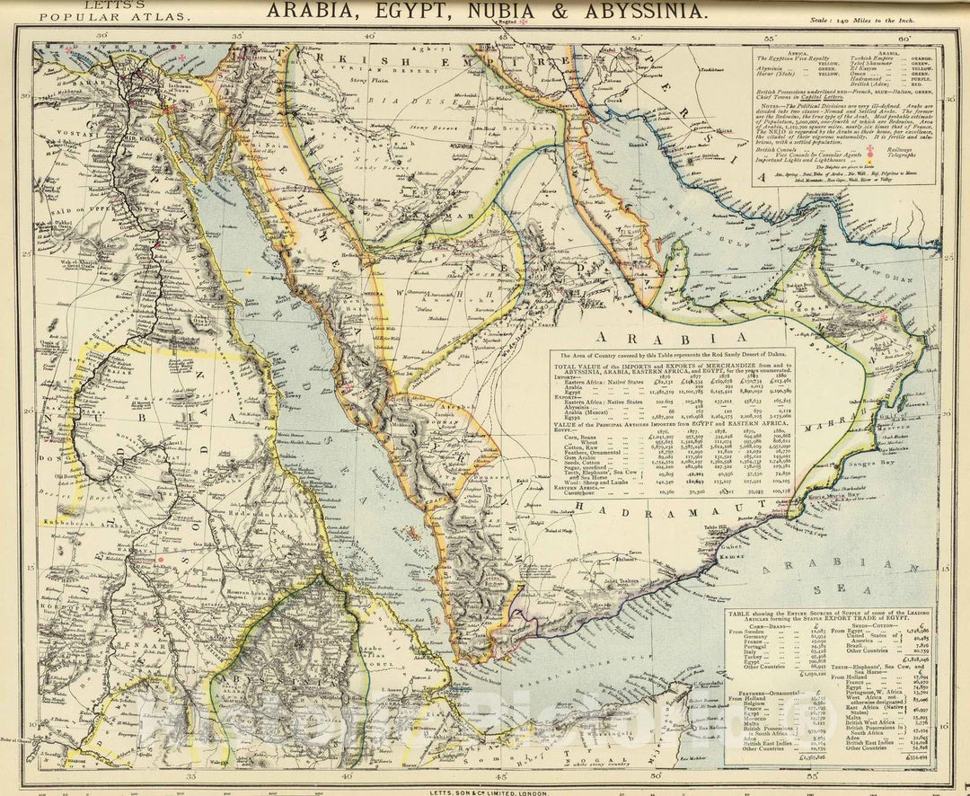 Historic Map - World Atlas - 1883 Arabia, Egypt, Nubia, Abyssinia. - Vintage Wall Art