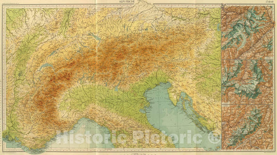 Historic Wall Map : Italy; Switzerland, Alps 1929 17-19. Alpi fisiche. , Vintage Wall Art