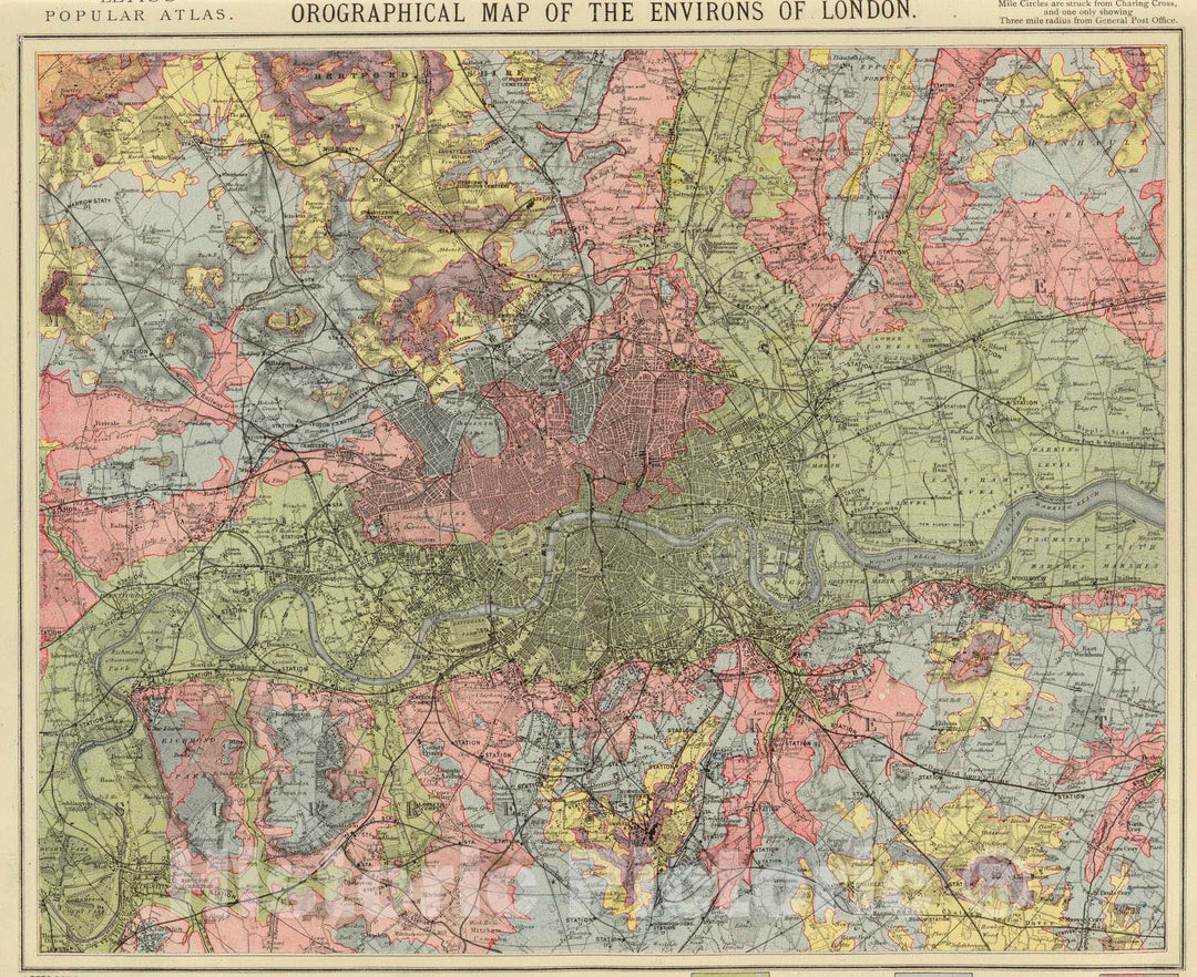 Historic Wall Map : 1883 Orographical map London. - Vintage Wall Art