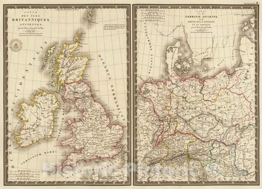 Historic Wall Map : England; Germany, British Isles 1827 Iles Britanniques anciennes, Germanie ancienne, Rhetie, Pannonie, Norique. , Vintage Wall Art