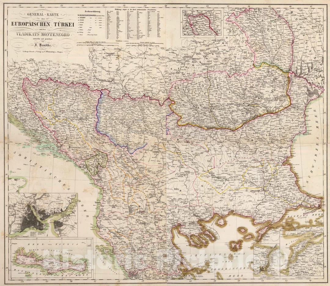 Historic Map : Romania; Turkey, Balkan Peninsula 1855 Composite: Europaischen Turkei. , Vintage Wall Art