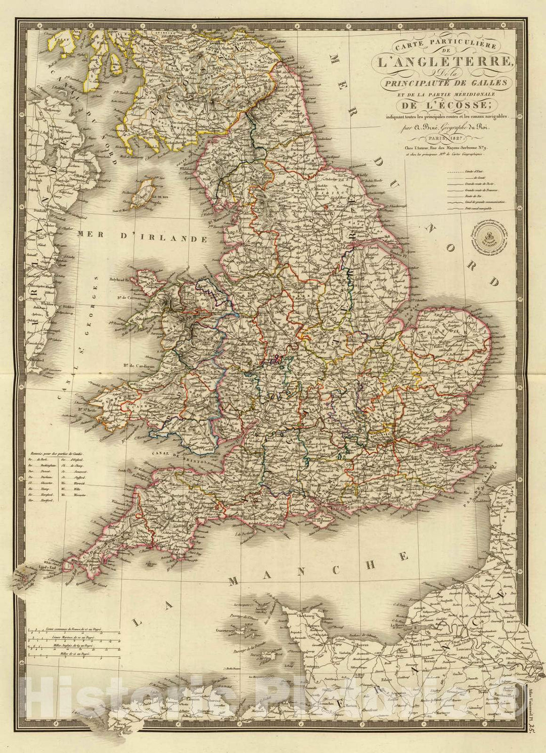 Historic Map : England; Wales, 1827 Angleterre, Galles. , Vintage Wall Art