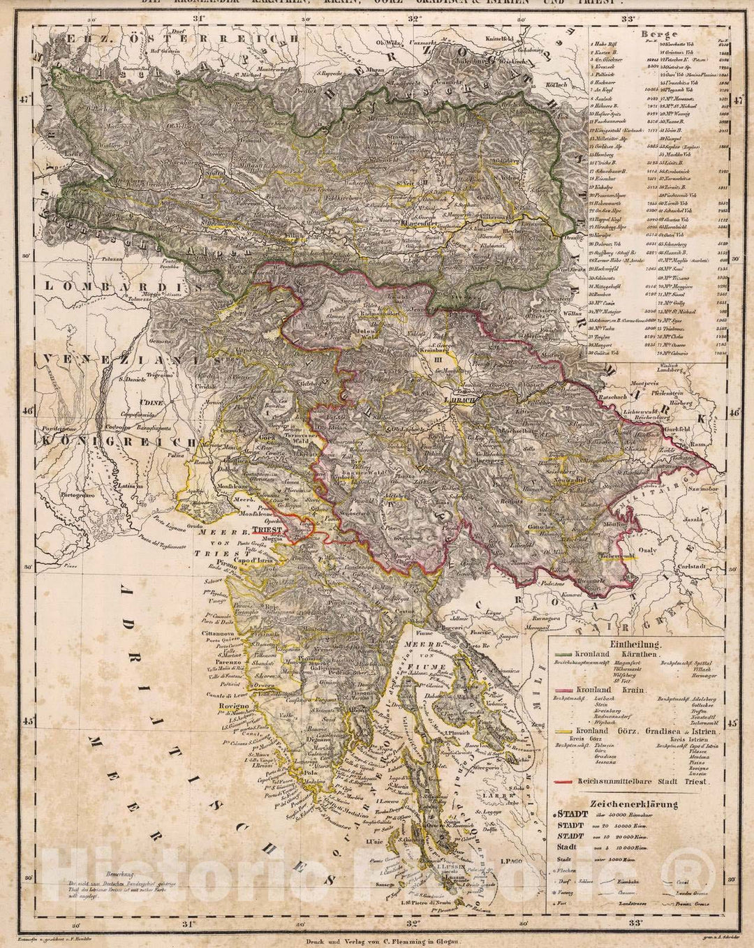 Historic Map : Austria; Slovenia, 1855 Karnthen, Krain, Gorz-Gradisca, Istrien, Triest. , Vintage Wall Art