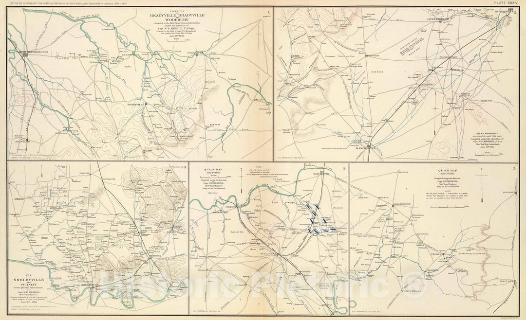 Historic Map : Military Atlas - 1895 Readyville, Bradyville, Woodbury. - Vintage Wall Art