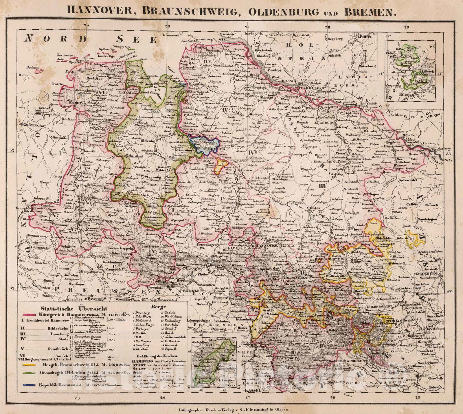 Historic Map : Germany, 1855 Hannover, Braunschweig, Oldenburg, Bremen. , Vintage Wall Art