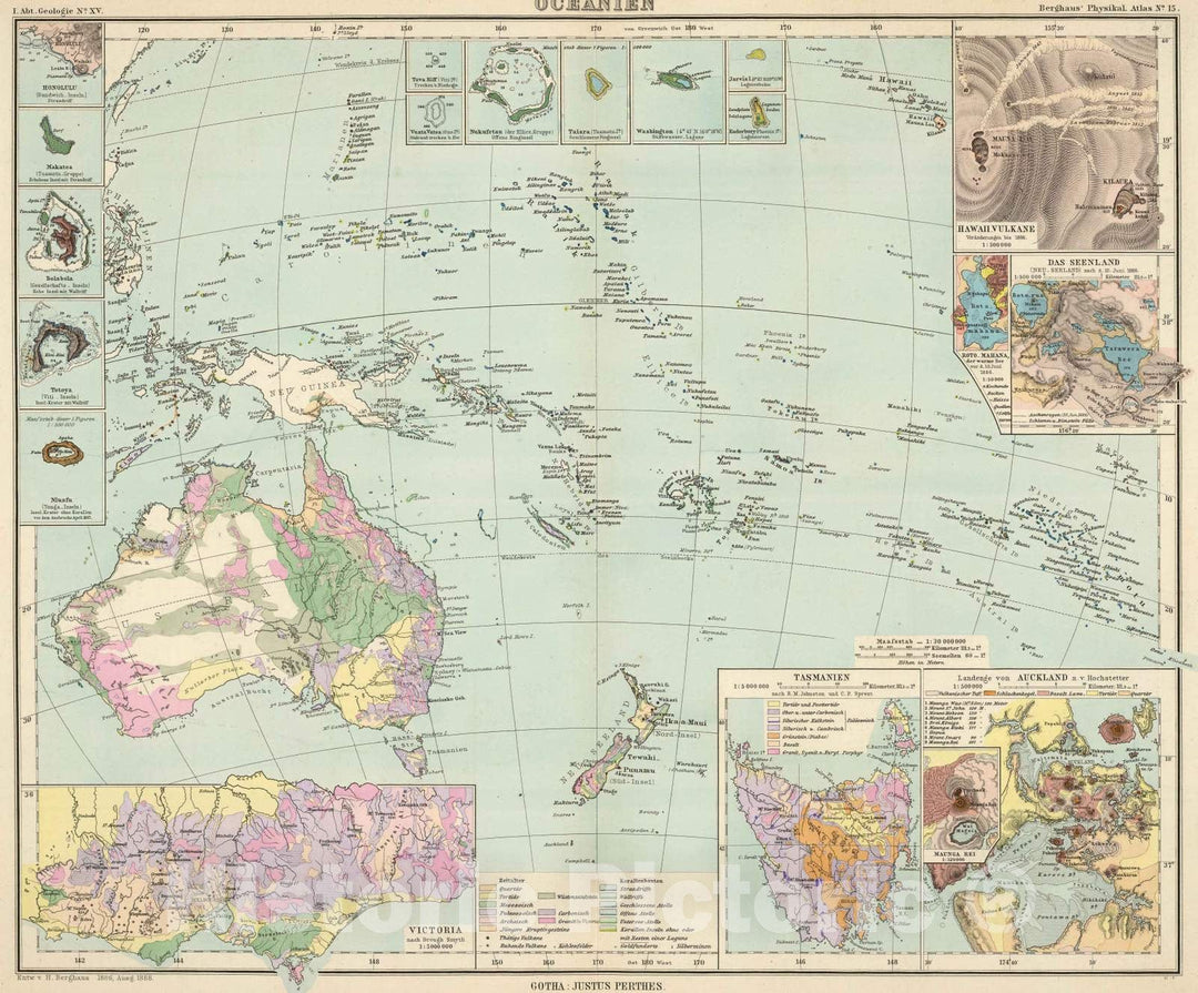 Historic Map : Australia; New Zealand, Hawaii, Tuamotu Islands, Pacific 1892 Oceanien. , Vintage Wall Art