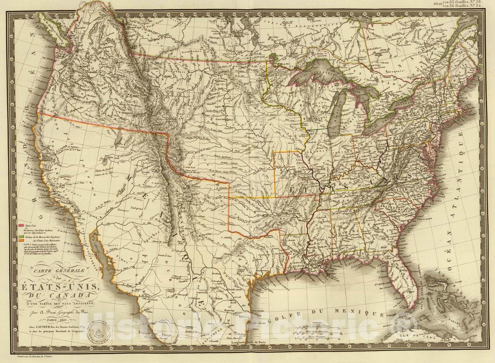 Historic Map : Canada; United States, , North America 1825 Etats-UNIS, Canada. , Vintage Wall Art