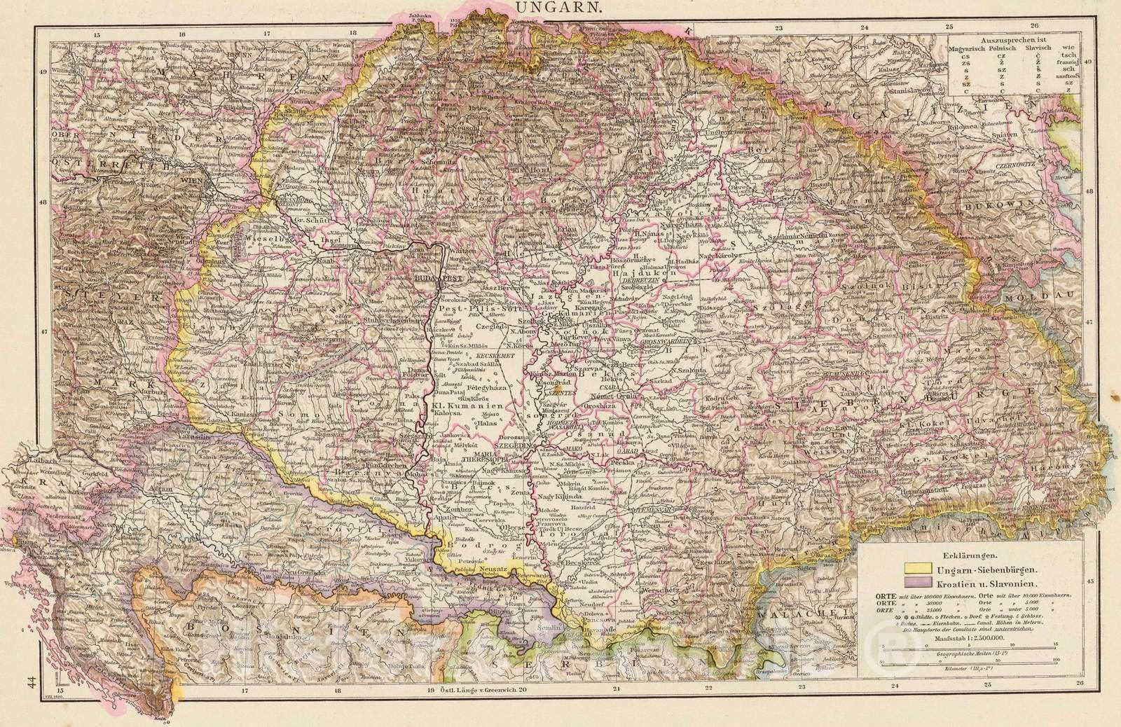 Historic Map : Hungary; Romania, Balkan Peninsula 1881 Ungarn. , Vintage Wall Art