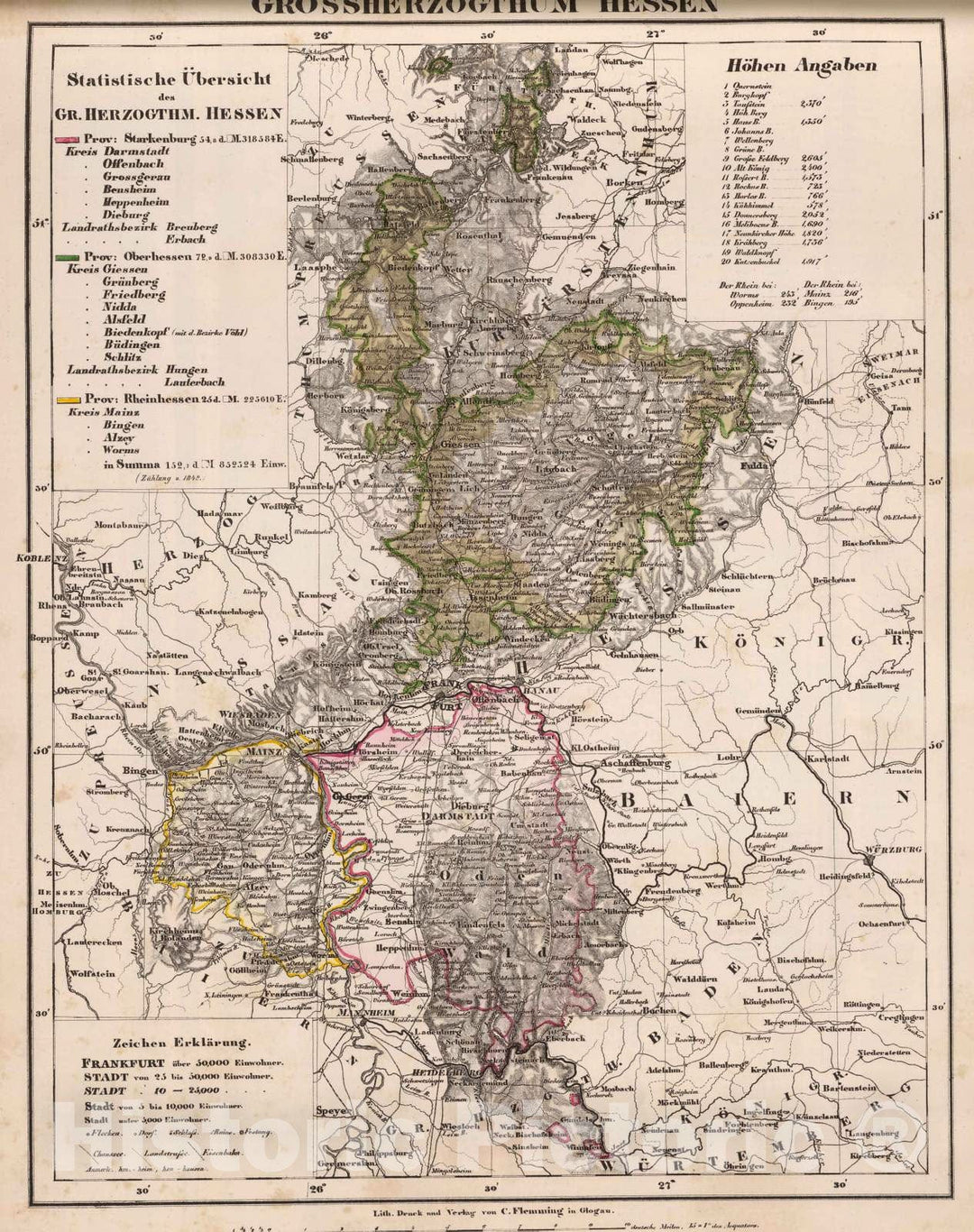 Historic Map : Germany, 1855 Grossherzogthum Hessen. , Vintage Wall Art