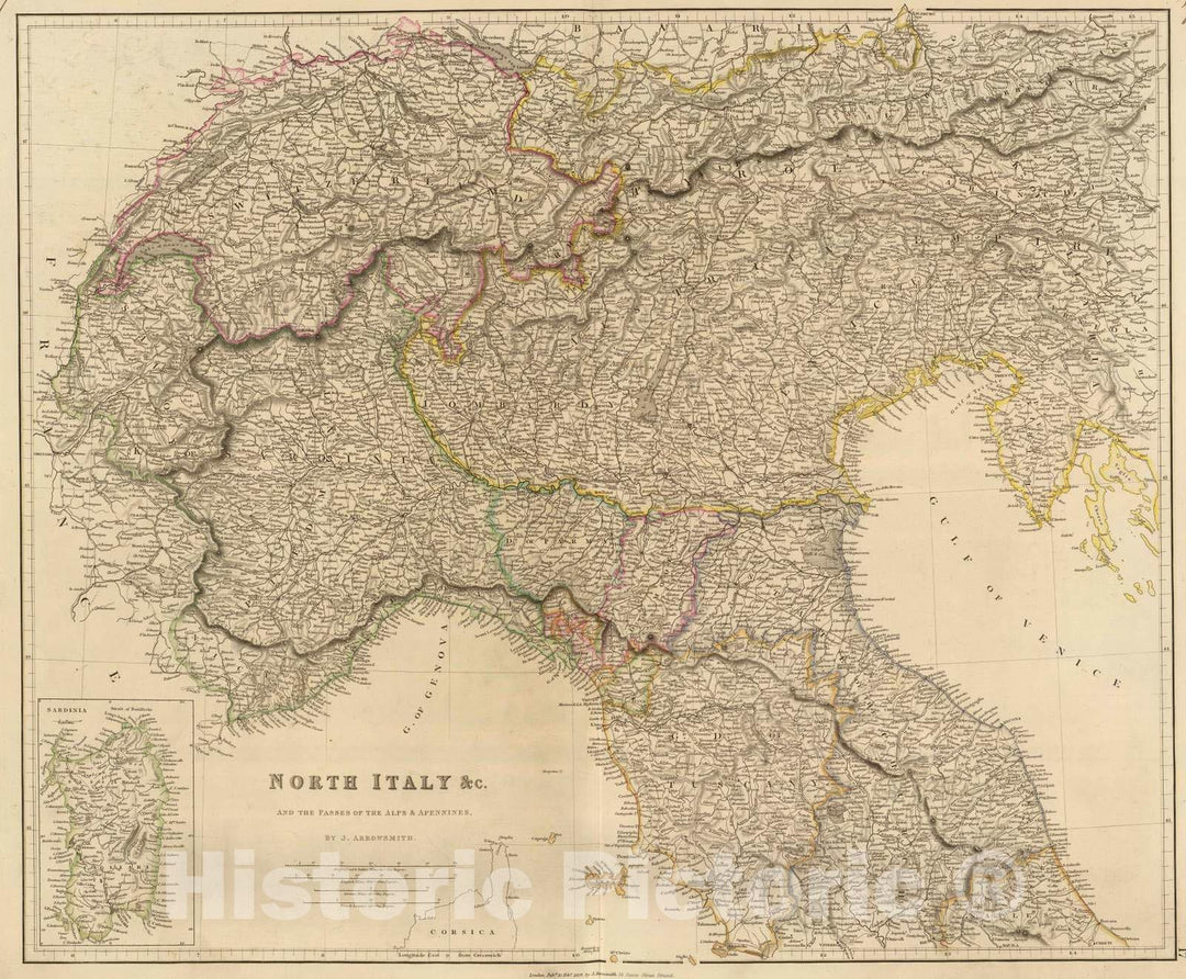 Historic Map : 1834 N. Italy, Alps, Apennines. - Vintage Wall Art