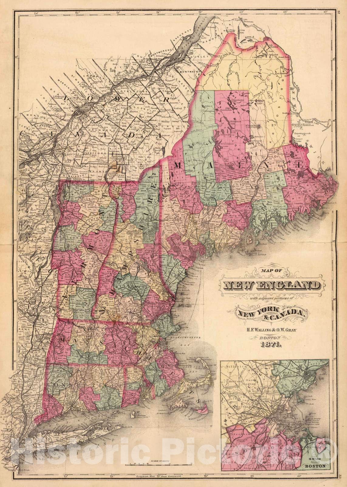 Historic Map : 1871 New England. - Vintage Wall Art