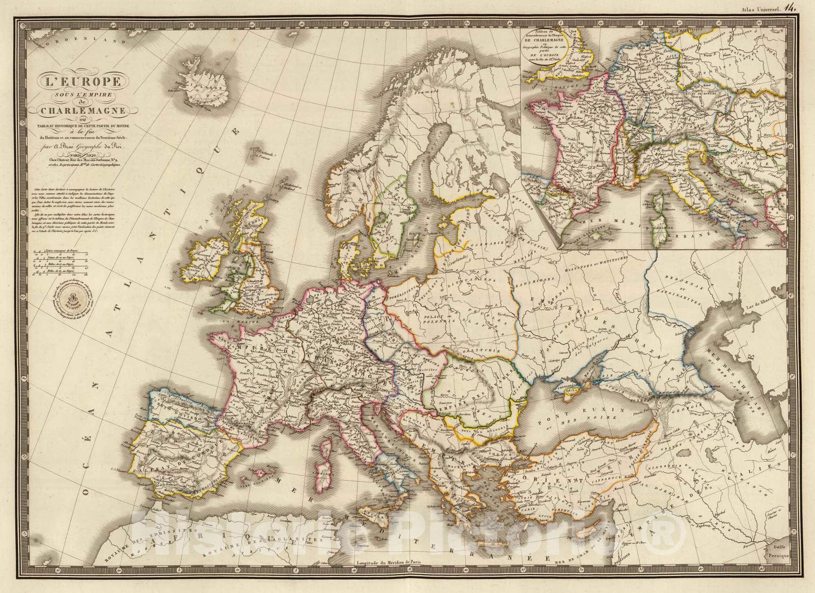 Historic Map : 1826 L'Europe Sous l'Empire de Charlemagne. v2 - Vintage Wall Art