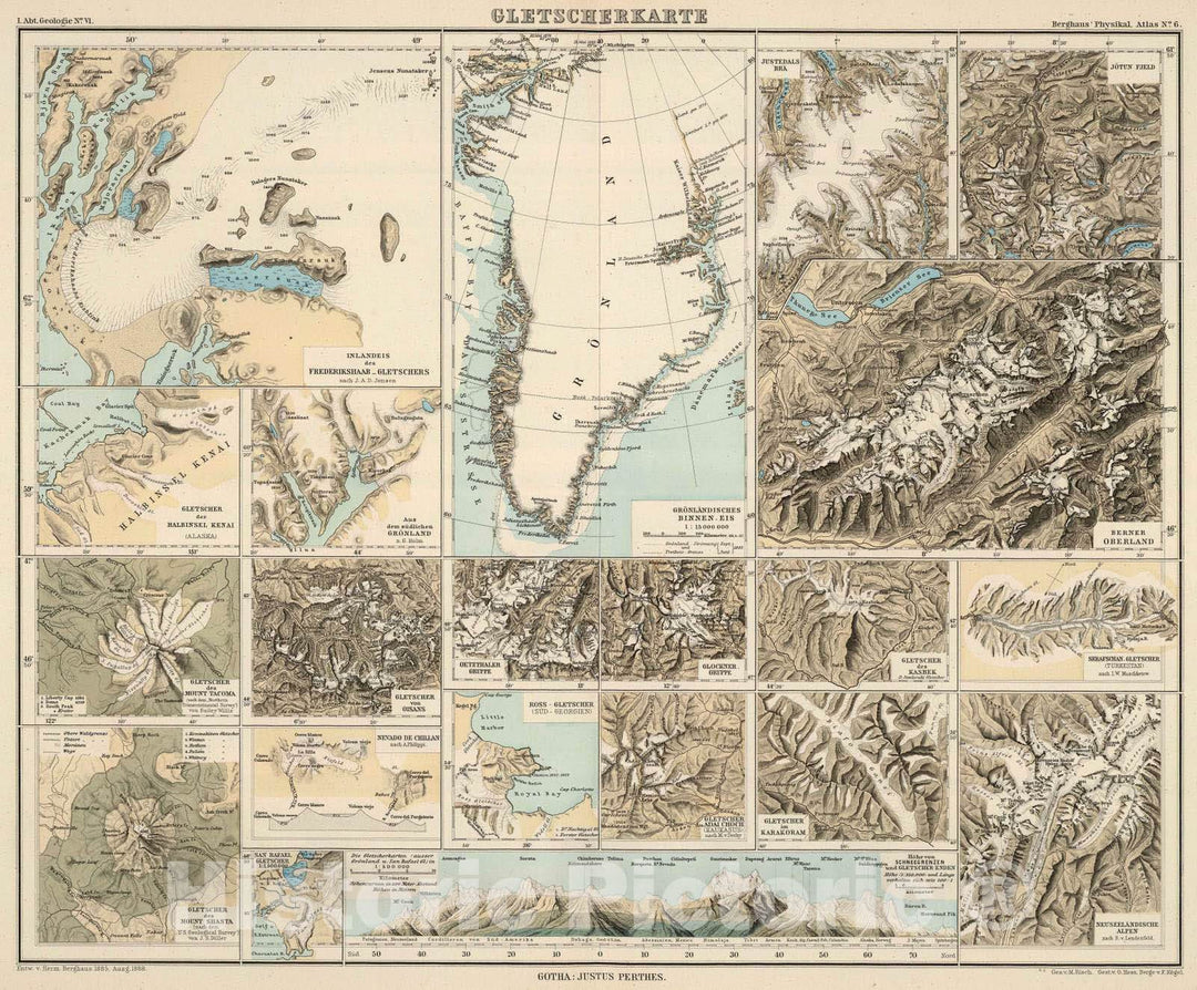 Historic Map : Greenland; Switzerland, Alaska, , World 1892 Gletscherkarte. , Vintage Wall Art