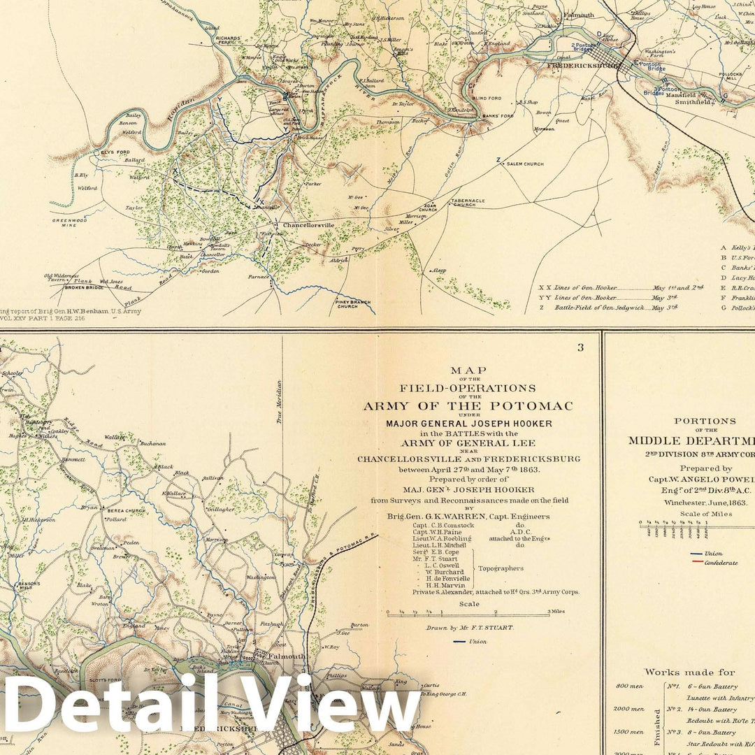 Historic Map : Military Atlas - 1895 Rappahannock R, Chancellorsville, Fredericksburg. - Vintage Wall Art