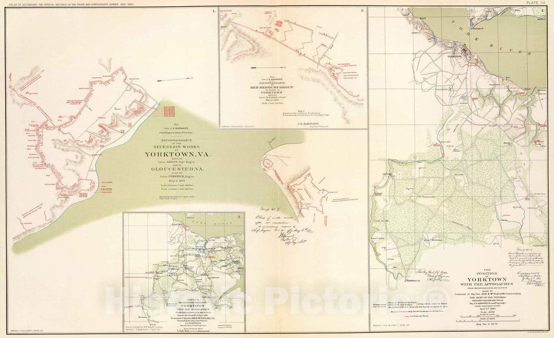 Historic Wall Map : Military Atlas - 1895 Yorktown, Gloucester, Va. - Vintage Wall Art