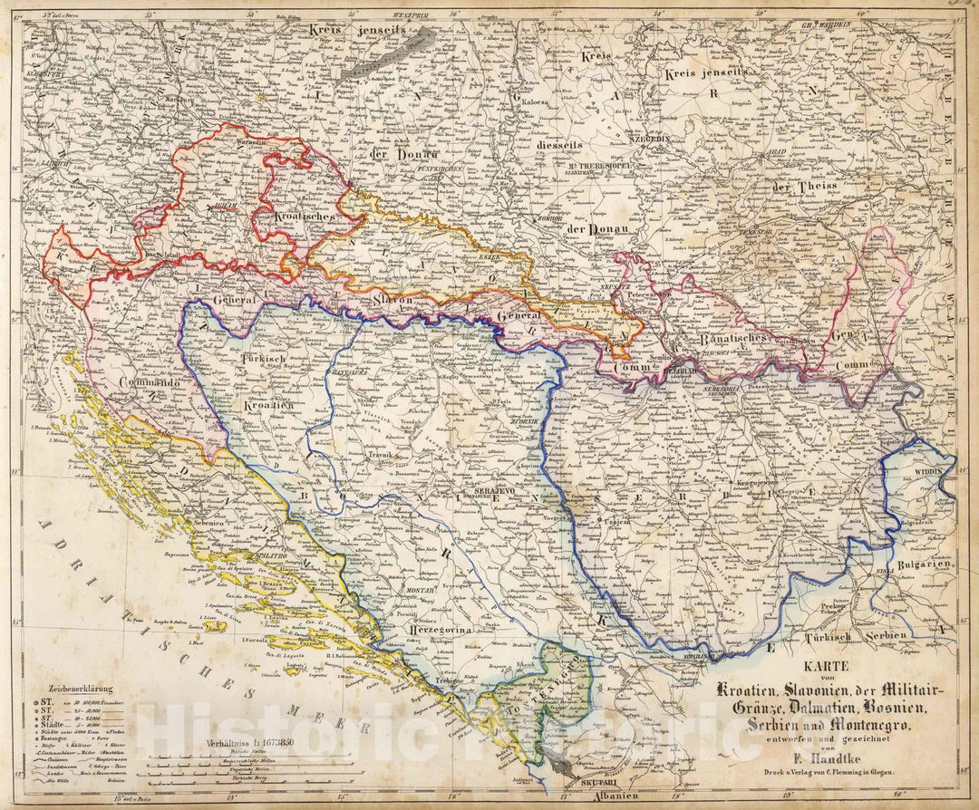 Historic Map : Bosnia and Hercegovina; Serbia, Balkan Peninsula 1855 Kroatien, Slavonien, Militair-Granze, Dalmatien, Bosnien, Serbien, Montenegro., Vintage Wall Art