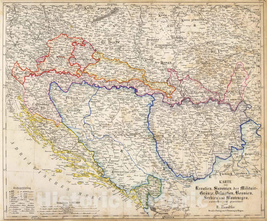 Historic Map : Bosnia and Hercegovina; Serbia, Balkan Peninsula 1855 Kroatien, Slavonien, Militair-Granze, Dalmatien, Bosnien, Serbien, Montenegro., Vintage Wall Art