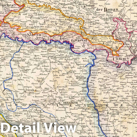 Historic Map : Bosnia and Hercegovina; Serbia, Balkan Peninsula 1855 Kroatien, Slavonien, Militair-Granze, Dalmatien, Bosnien, Serbien, Montenegro., Vintage Wall Art