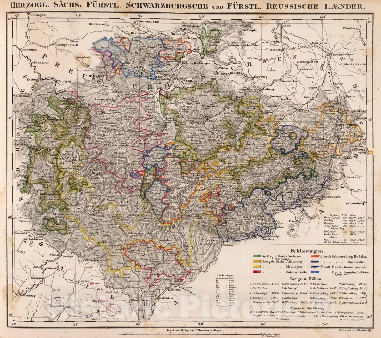 Historic Map : Germany, 1855 Herzogl. Sachs: Furstl. Schwarzburgsche u. Furstl. Reussische Laender. , Vintage Wall Art