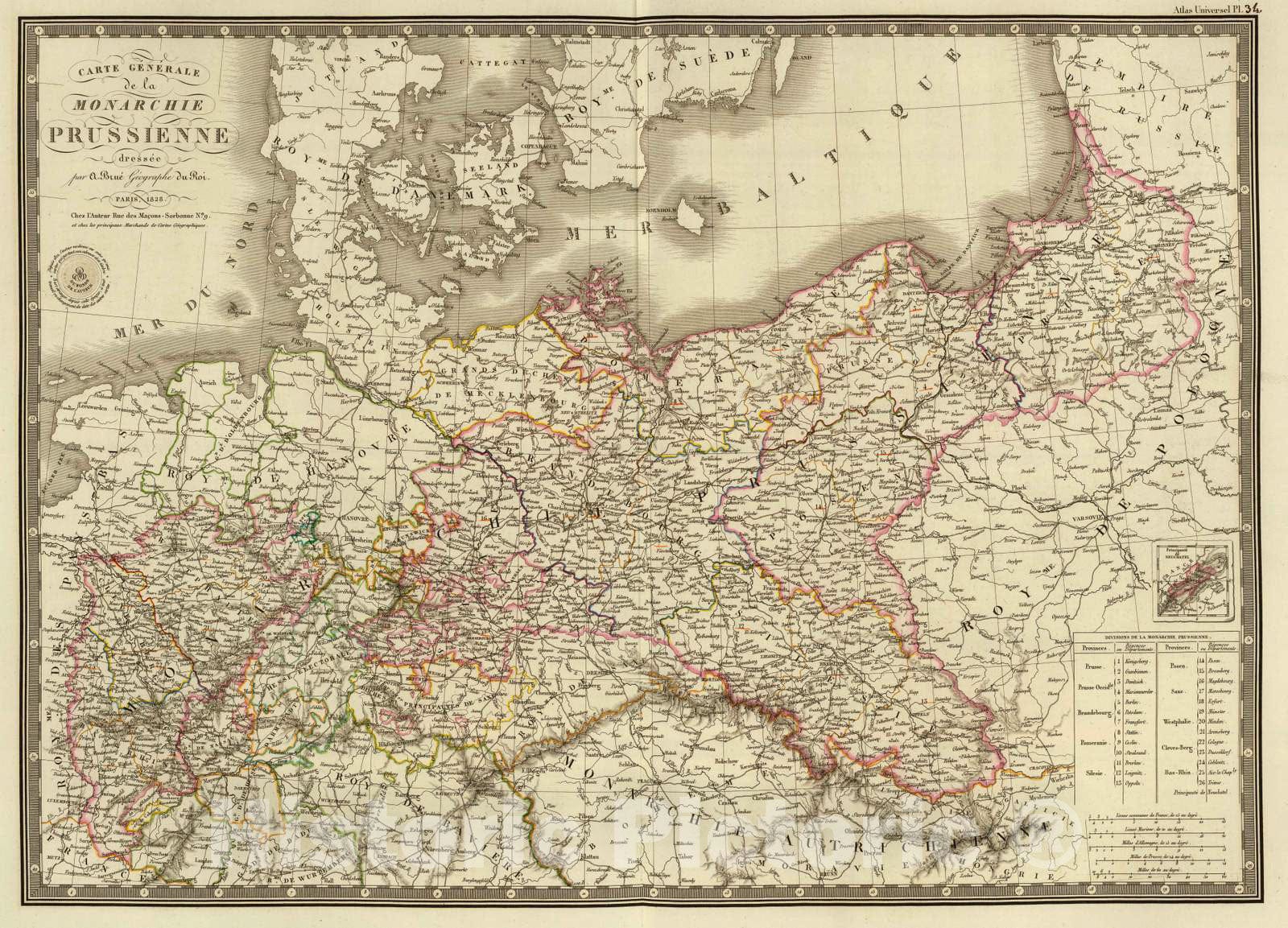 Historic Map : Poland; Prussia , Germany, 1828 Monarchie Prussienne. , Vintage Wall Art