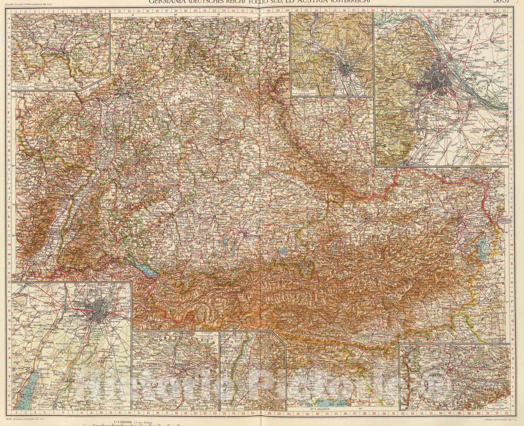 Historic Map : Austria; Germany, Europe, Central 1929 56-57. Germania sud, Austria. , Vintage Wall Art