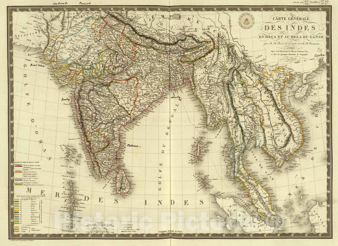 Historic Map : India; Thailand, South Asia 1821 Carte generale des Indes. , Vintage Wall Art