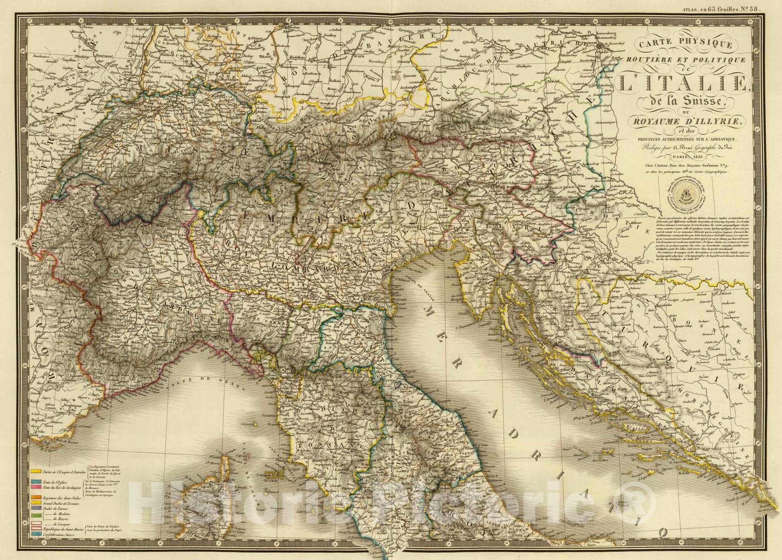 Historic Map : Italy, 1826 Italie, Suisse, Illyrie sud. , Vintage Wall Art