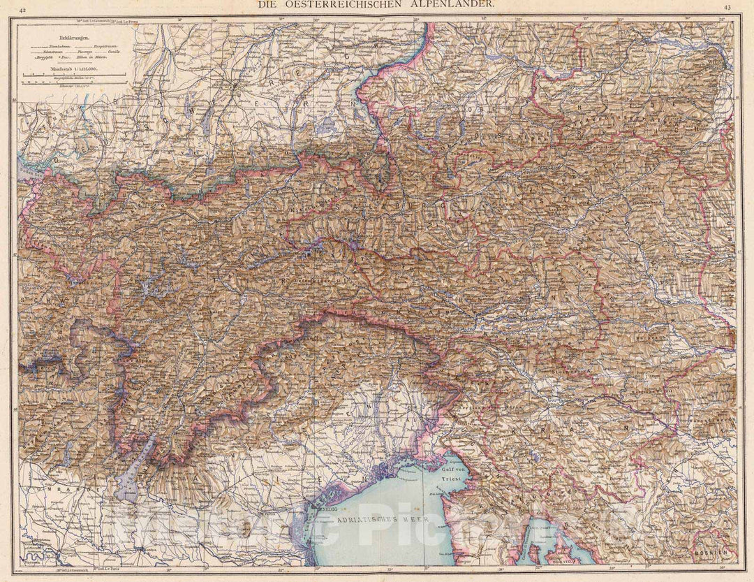 Historic Map : Austria; Italy, Alps, Europe 1881 Oesterreich. Alpenlander. , Vintage Wall Art