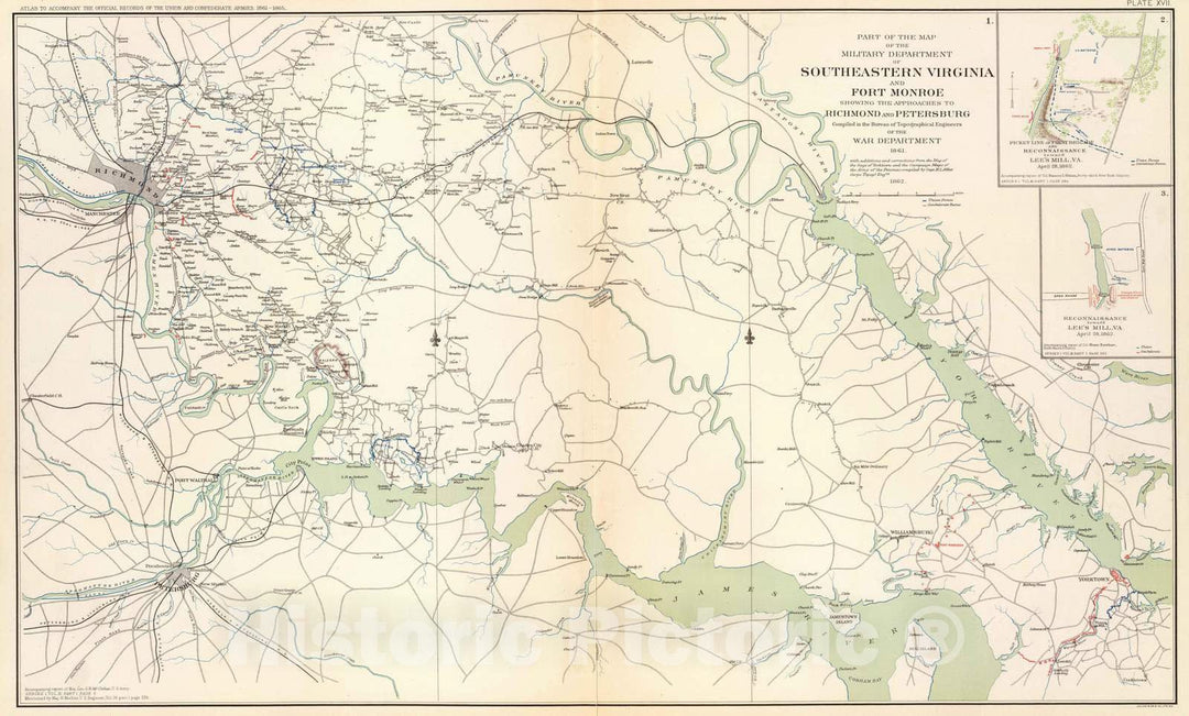 Historic Map : Military Atlas - 1895 SE Virginia, Ft. Monroe, approaches to Richmond, Petersburg. - Vintage Wall Art