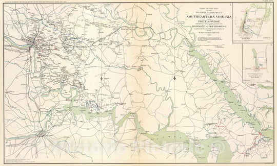 Historic Map : Military Atlas - 1895 SE Virginia, Ft. Monroe, approaches to Richmond, Petersburg. - Vintage Wall Art