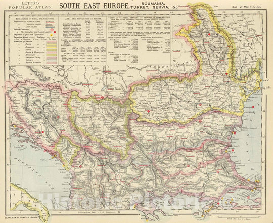 Historic Map : Romania; Serbia, Balkan Peninsula 1883 S.E. East Europe, Roumania, Turkey, Servia. , Vintage Wall Art