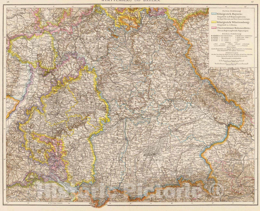 Historic Map : Germany, Bavaria , Germany 1881 Wurttemberg, Bayern. , Vintage Wall Art