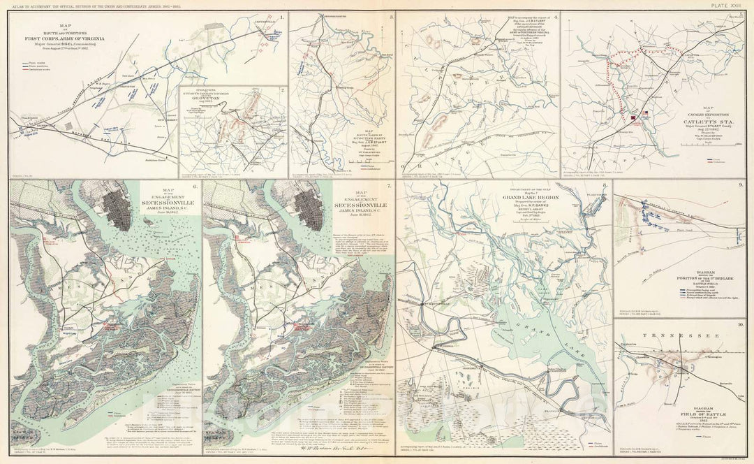 Historic Map : Military Atlas - 1895 1st Corps Army of Virginia; Secessionville; Grand Lake Region. - Vintage Wall Art