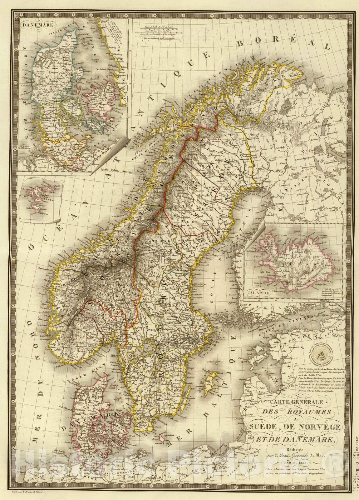 Historic Map : Norway; Sweden, Scandinavia 1825 Suede, Norvege, Danemark. , Vintage Wall Art