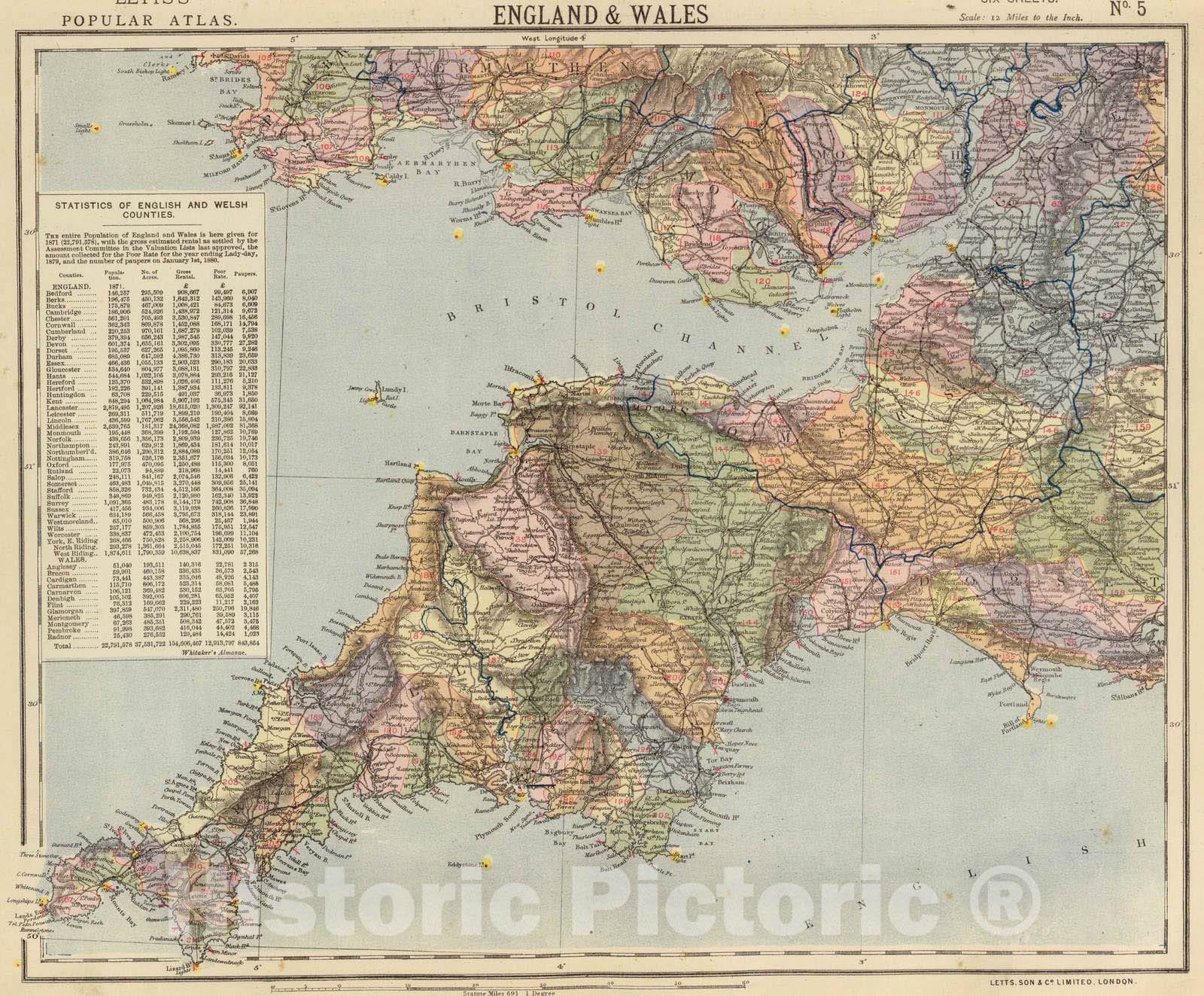 Historic Map : 1883 Watershed map England, Wales 5. - Vintage Wall Art