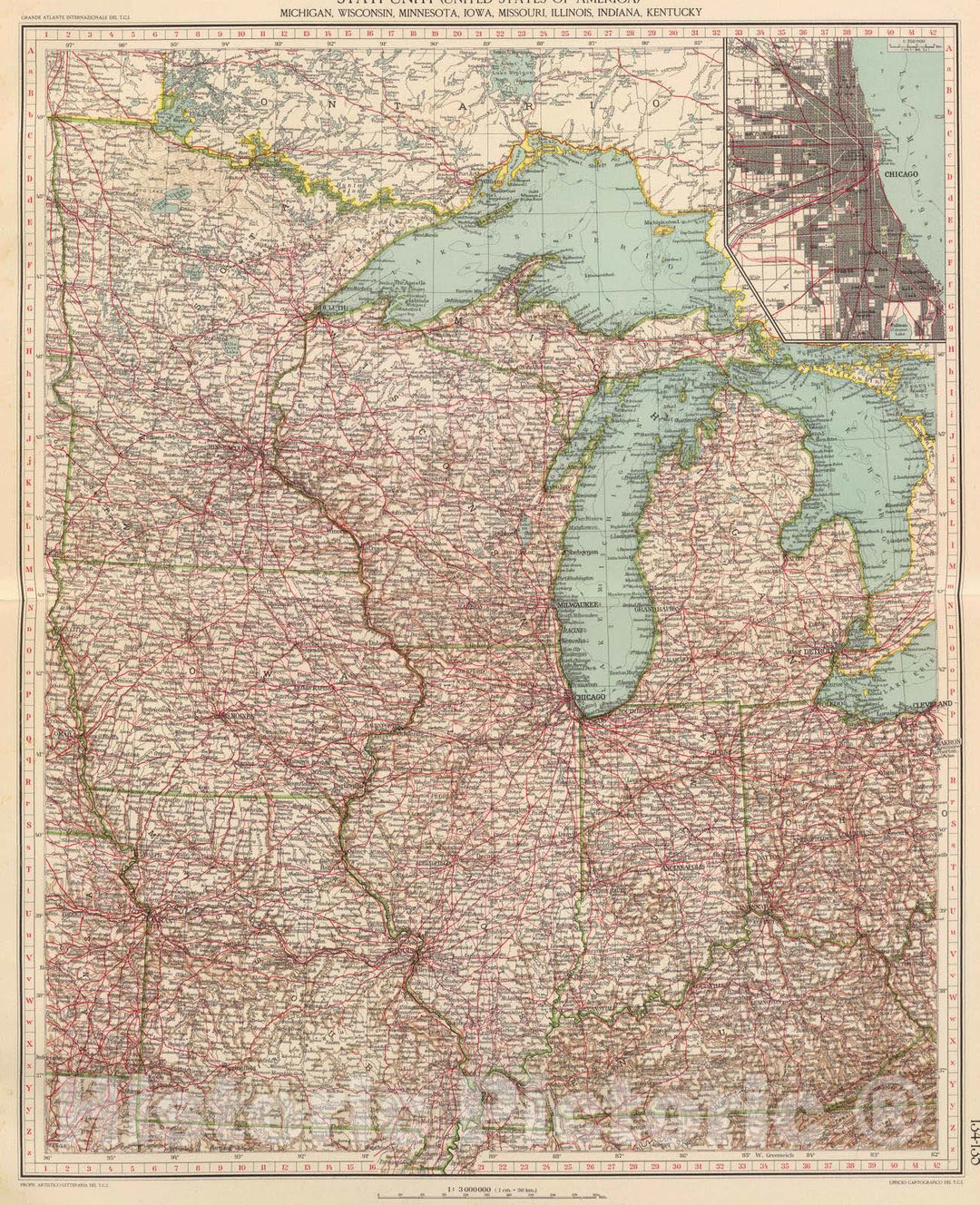 Historic Map : Michigan, Chicago Region (Ill.) 1929 134-35. Mich, WIS, Minn, Ia, Mo, Ill, Ind, Ky. , Vintage Wall Art