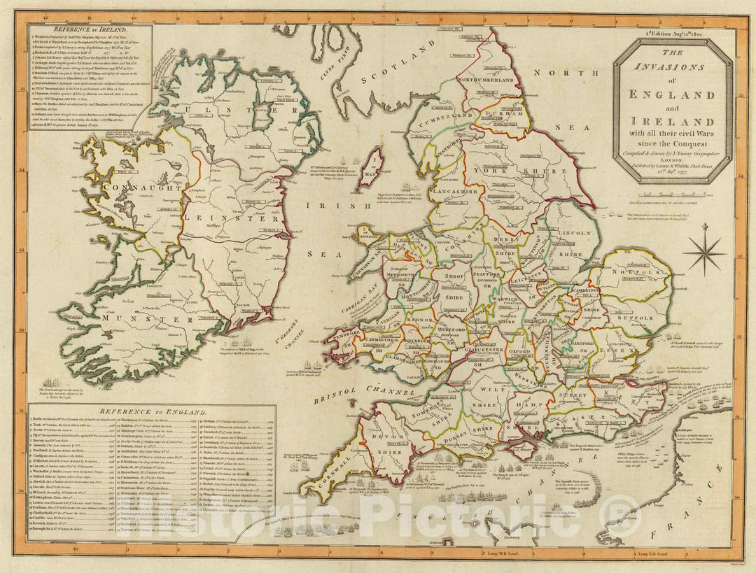 Historic Map : 1801 Invasions England, Ireland. - Vintage Wall Art