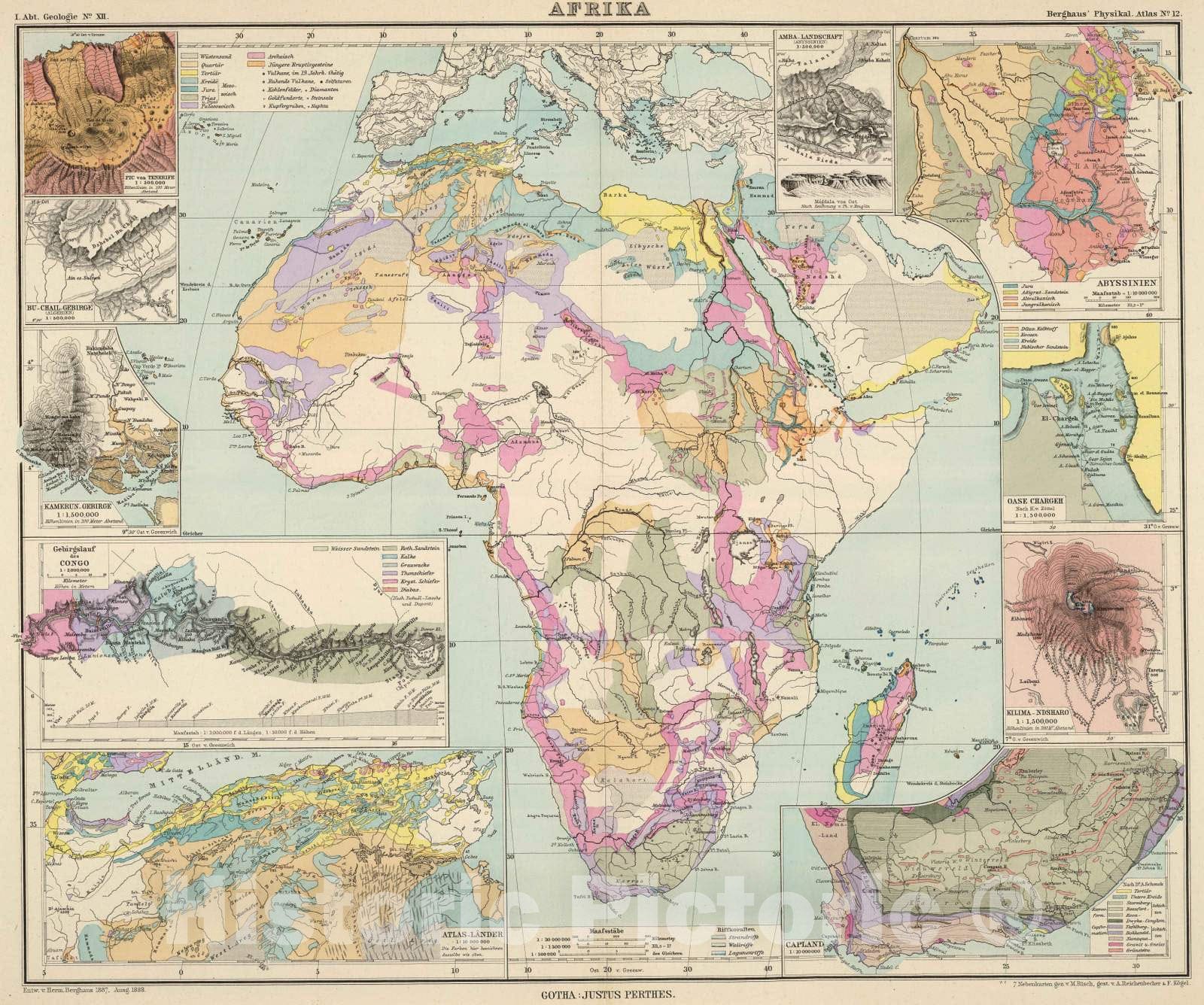 Historic Map : Algeria; Azores, Atlas Mountains, Africa 1892 Afrika. , Vintage Wall Art