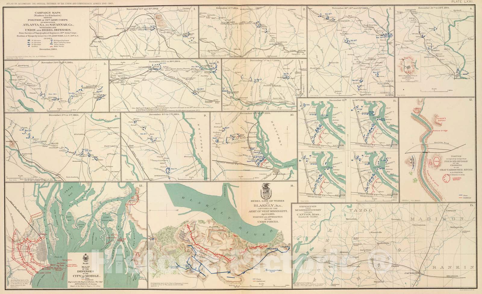 Historic Map : Military Atlas - 1895 Mobile, Blakely, Messinger's Ferry-Canton. - Vintage Wall Art